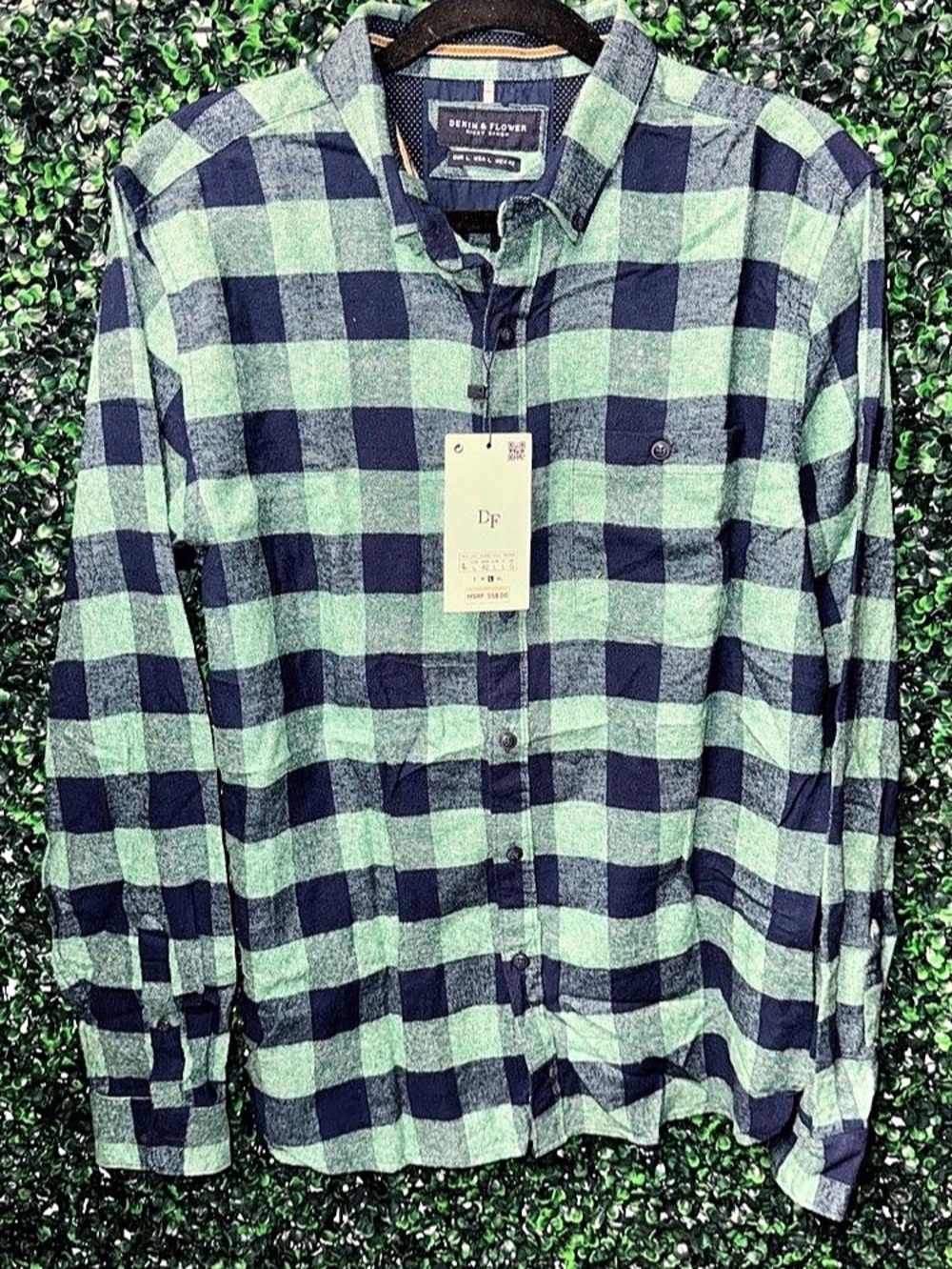 Denim & Flower Grindle Plaid Button Down in Green & Blue Size Large NWT